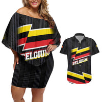 Belgium Couples Matching Off Shoulder Short Dress and Hawaiian Shirt with Black Red Yellow Lightning Flag Stripe Spirit