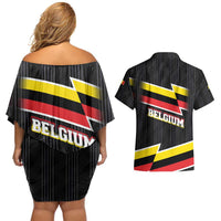 Belgium Couples Matching Off Shoulder Short Dress and Hawaiian Shirt with Black Red Yellow Lightning Flag Stripe Spirit