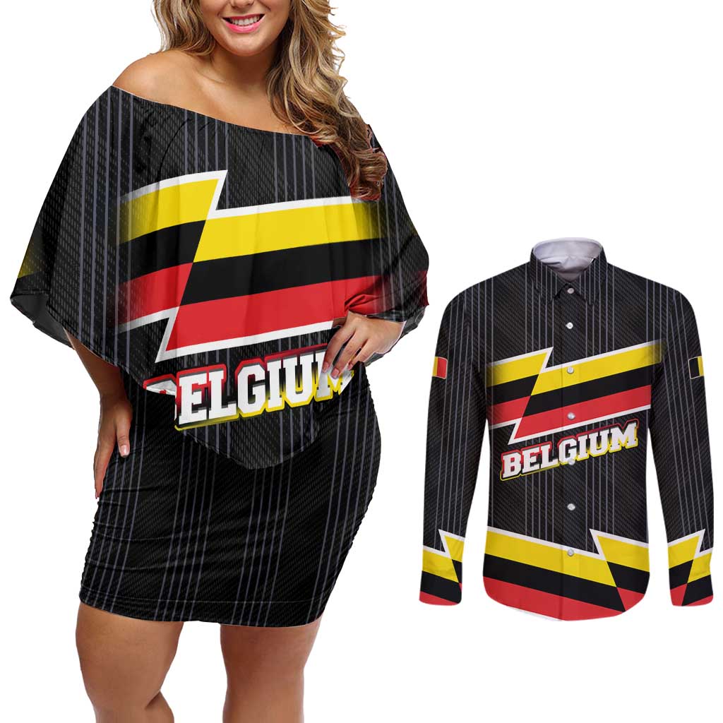 Belgium Couples Matching Off Shoulder Short Dress and Long Sleeve Button Shirt with Black Red Yellow Lightning Flag Stripe Spirit