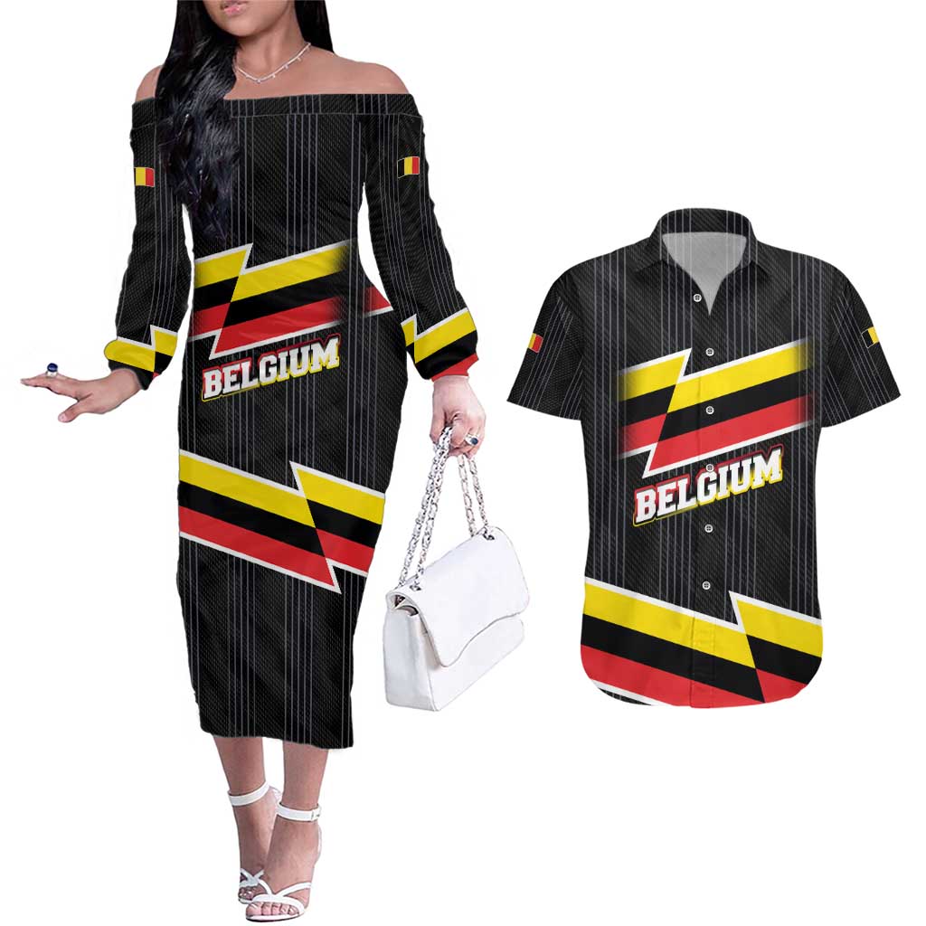 Belgium Couples Matching Off The Shoulder Long Sleeve Dress and Hawaiian Shirt with Black Red Yellow Lightning Flag Stripe Spirit