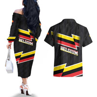 Belgium Couples Matching Off The Shoulder Long Sleeve Dress and Hawaiian Shirt with Black Red Yellow Lightning Flag Stripe Spirit