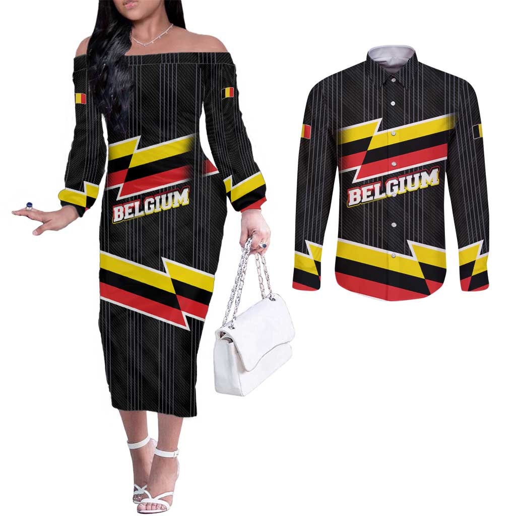 Belgium Couples Matching Off The Shoulder Long Sleeve Dress and Long Sleeve Button Shirt with Black Red Yellow Lightning Flag Stripe Spirit