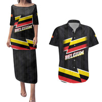 Belgium Couples Matching Puletasi and Hawaiian Shirt with Black Red Yellow Lightning Flag Stripe Spirit