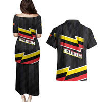 Belgium Couples Matching Puletasi and Hawaiian Shirt with Black Red Yellow Lightning Flag Stripe Spirit
