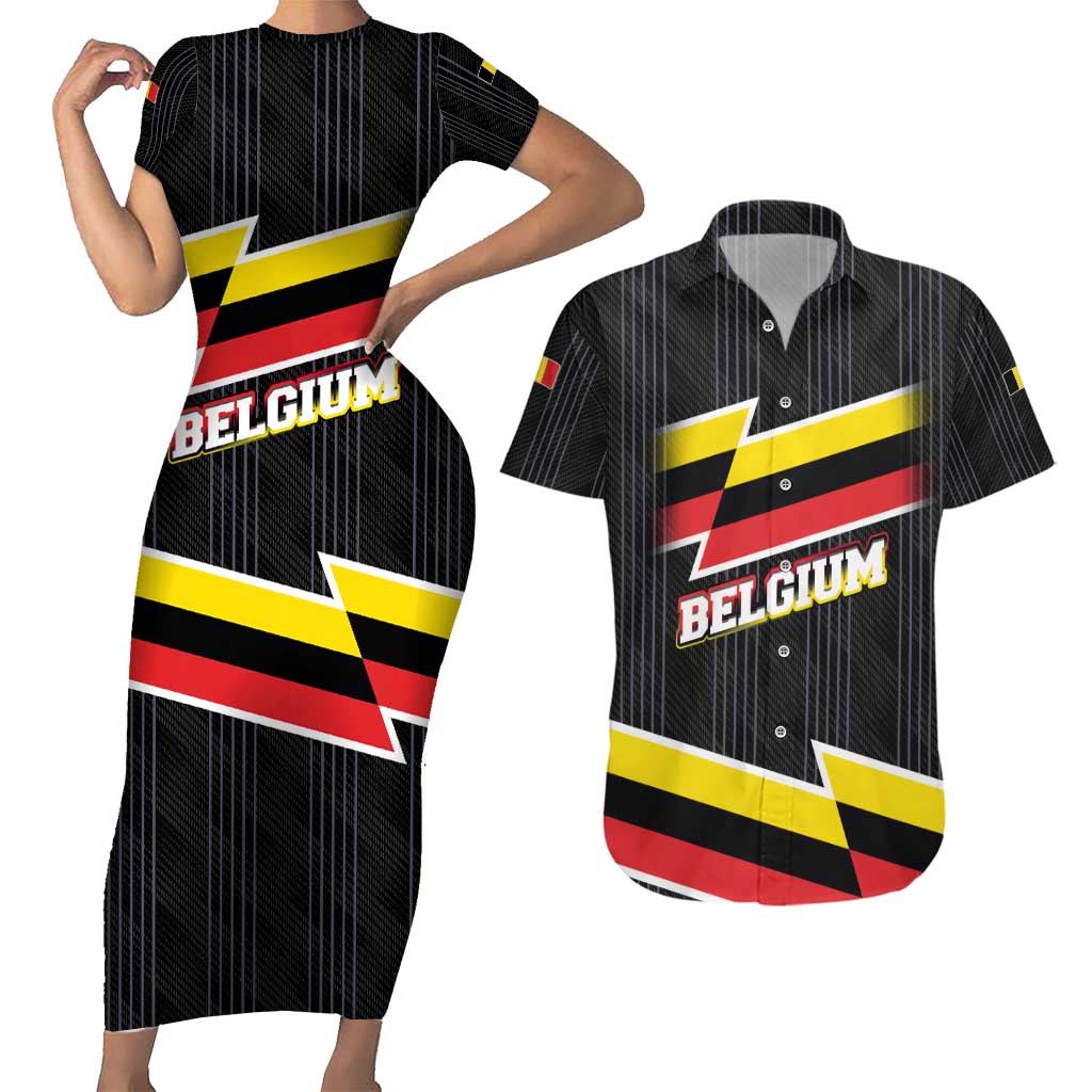 Belgium Couples Matching Short Sleeve Bodycon Dress and Hawaiian Shirt with Black Red Yellow Lightning Flag Stripe Spirit