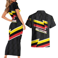 Belgium Couples Matching Short Sleeve Bodycon Dress and Hawaiian Shirt with Black Red Yellow Lightning Flag Stripe Spirit