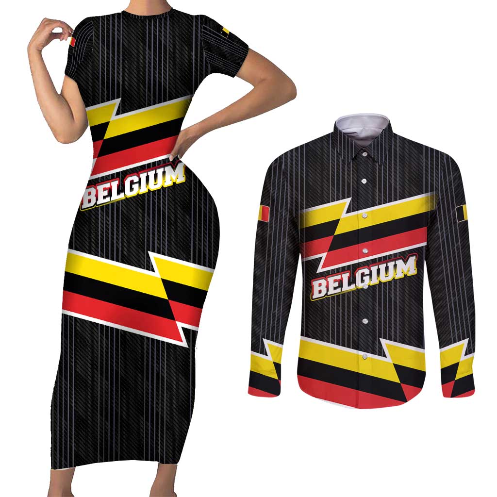 Belgium Couples Matching Short Sleeve Bodycon Dress and Long Sleeve Button Shirt with Black Red Yellow Lightning Flag Stripe Spirit