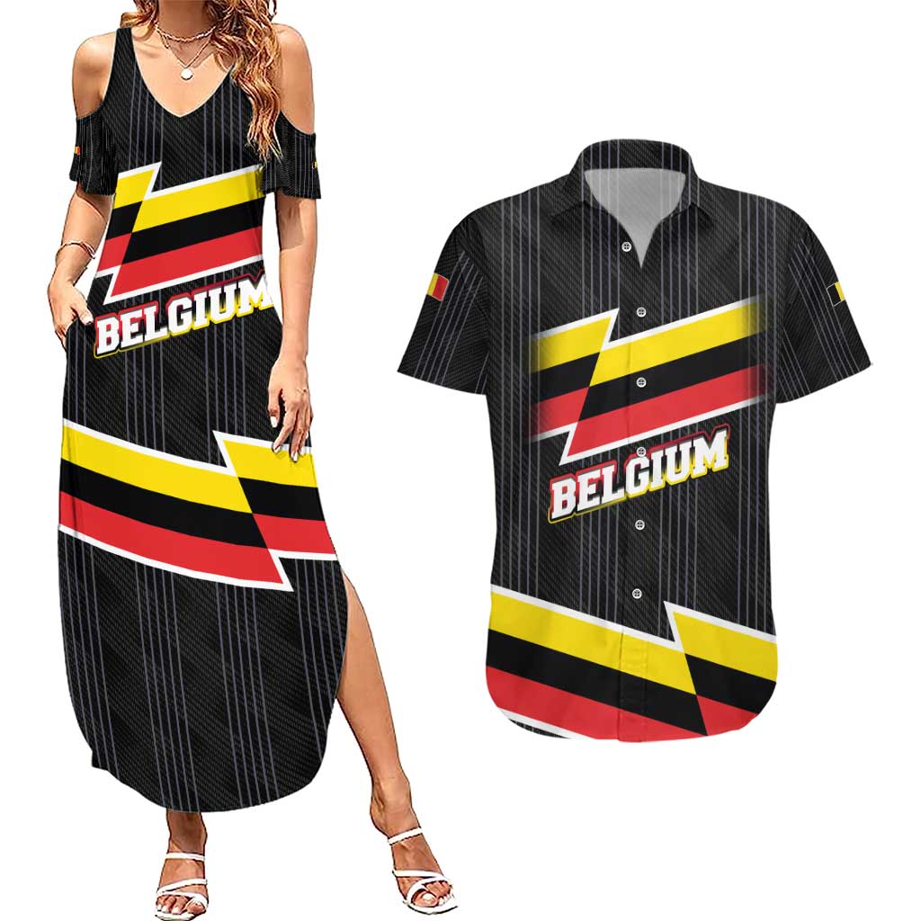 Belgium Couples Matching Summer Maxi Dress and Hawaiian Shirt with Black Red Yellow Lightning Flag Stripe Spirit