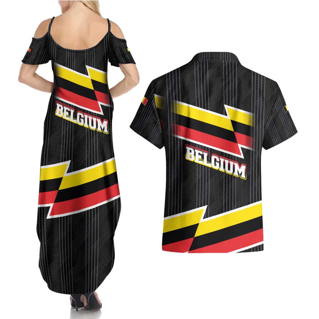 Belgium Couples Matching Summer Maxi Dress and Hawaiian Shirt with Black Red Yellow Lightning Flag Stripe Spirit