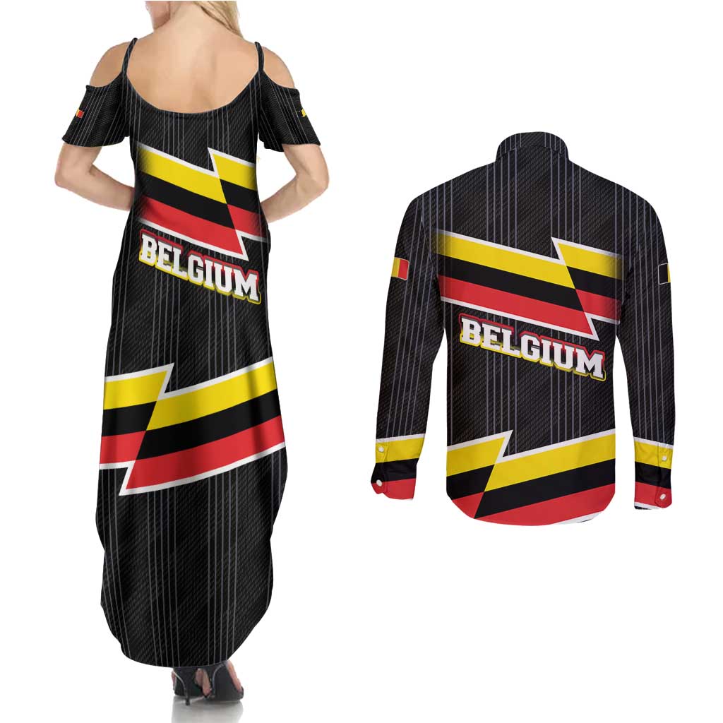 Belgium Couples Matching Summer Maxi Dress and Long Sleeve Button Shirt with Black Red Yellow Lightning Flag Stripe Spirit