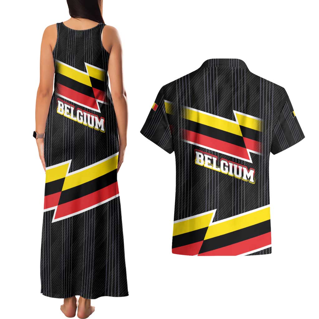 Belgium Couples Matching Tank Maxi Dress and Hawaiian Shirt with Black Red Yellow Lightning Flag Stripe Spirit
