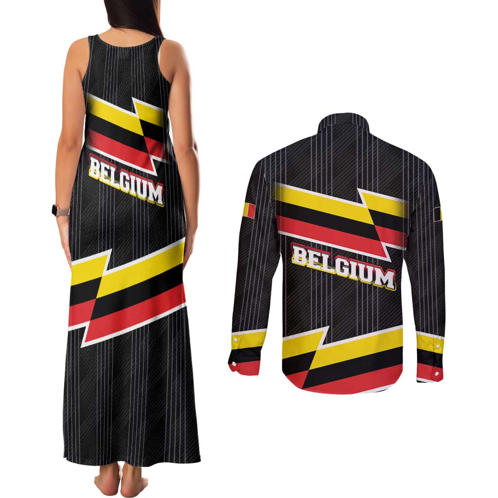 Belgium Couples Matching Tank Maxi Dress and Long Sleeve Button Shirt with Black Red Yellow Lightning Flag Stripe Spirit