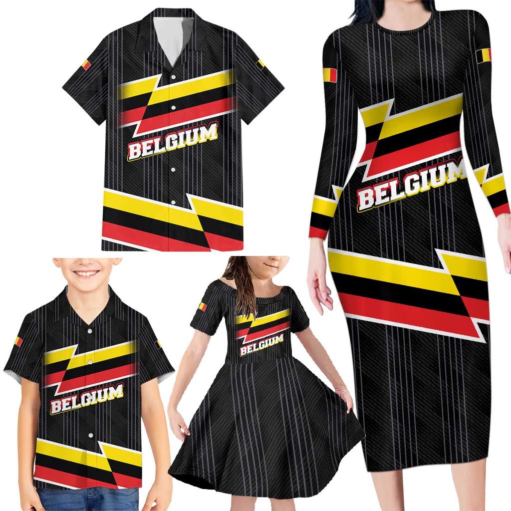 Belgium Family Matching Long Sleeve Bodycon Dress and Hawaiian Shirt with Black Red Yellow Lightning Flag Stripe Spirit