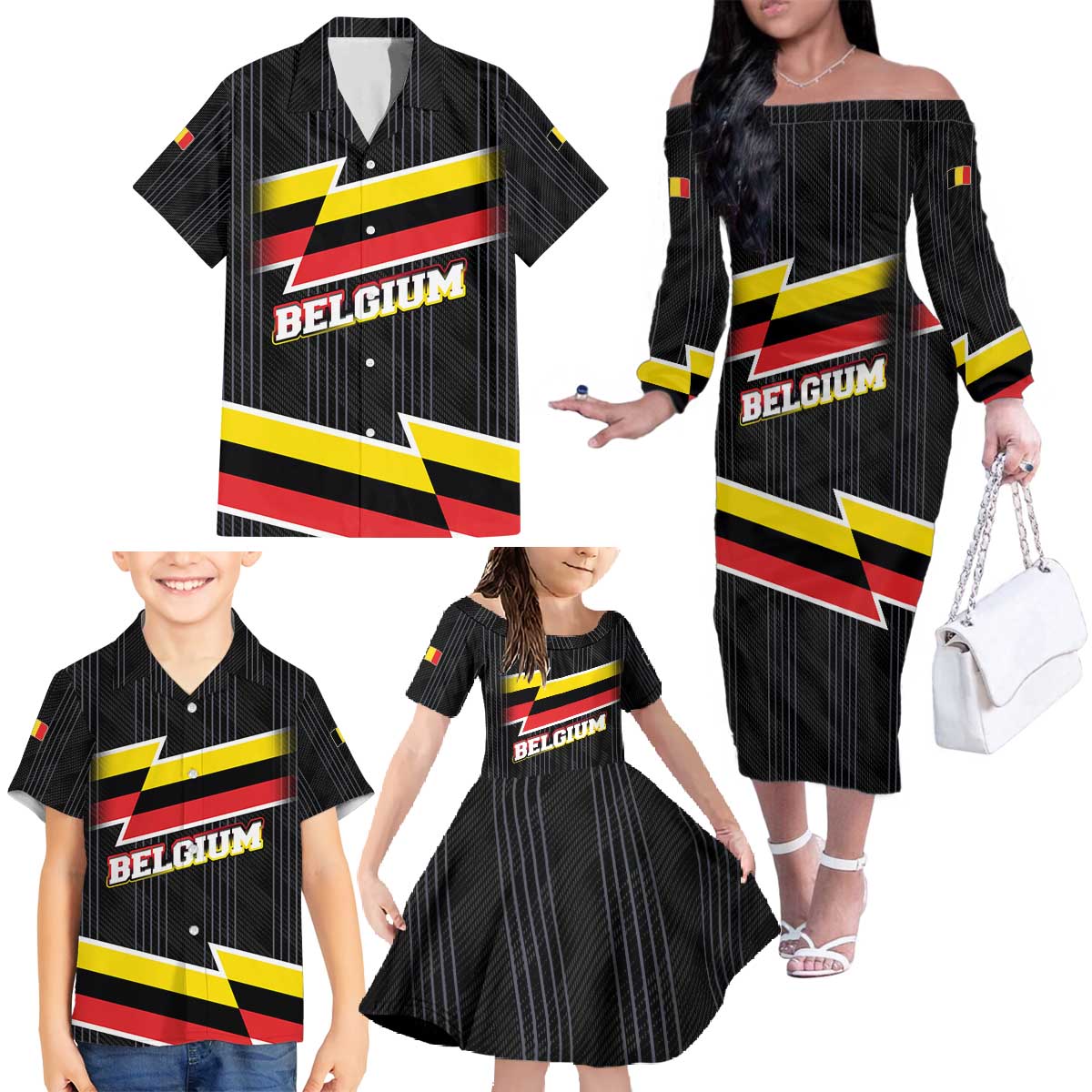 Belgium Family Matching Off The Shoulder Long Sleeve Dress and Hawaiian Shirt with Black Red Yellow Lightning Flag Stripe Spirit