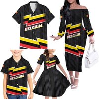 Belgium Family Matching Off The Shoulder Long Sleeve Dress and Hawaiian Shirt with Black Red Yellow Lightning Flag Stripe Spirit