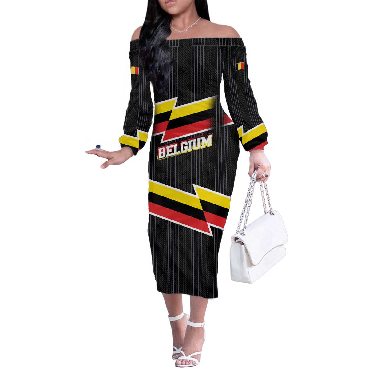 Belgium Family Matching Off The Shoulder Long Sleeve Dress and Hawaiian Shirt with Black Red Yellow Lightning Flag Stripe Spirit