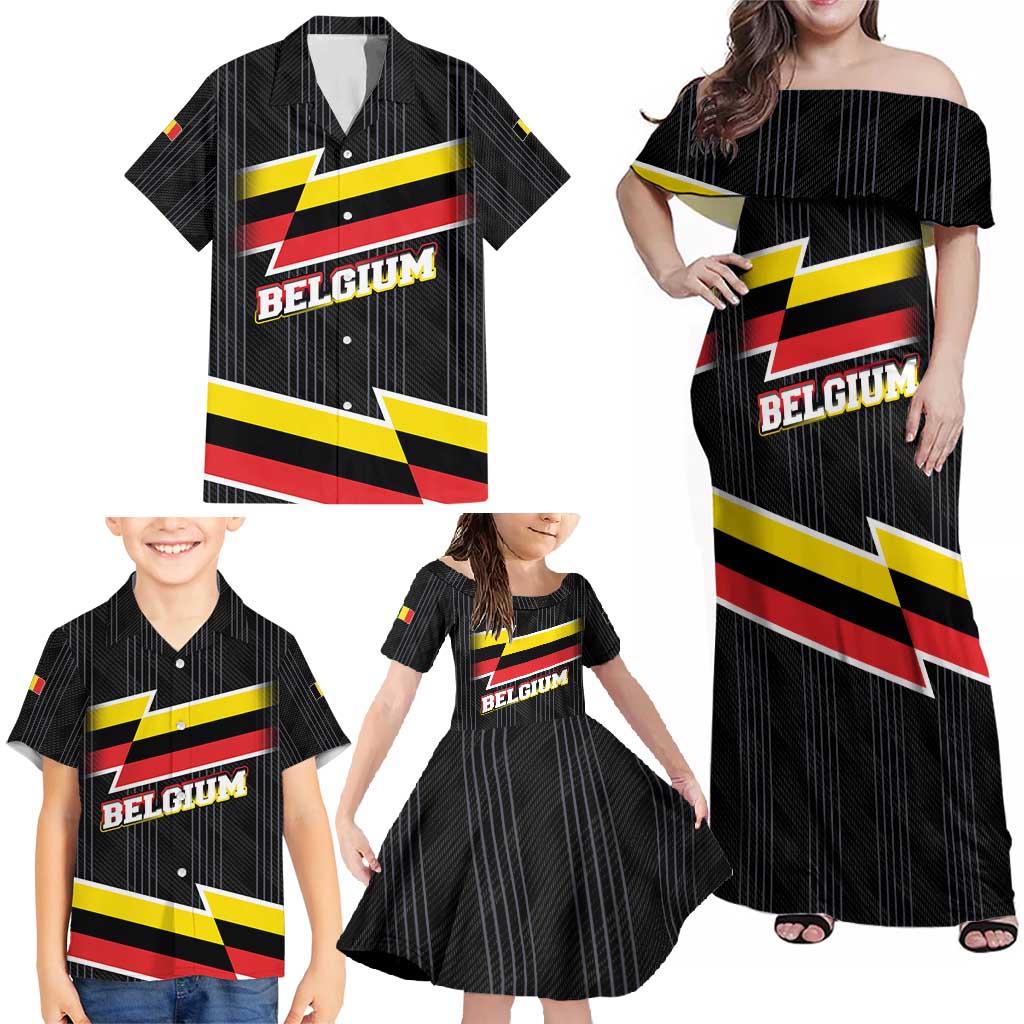 Belgium Family Matching Off Shoulder Maxi Dress and Hawaiian Shirt with Black Red Yellow Lightning Flag Stripe Spirit