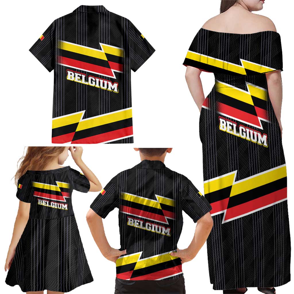 Belgium Family Matching Off Shoulder Maxi Dress and Hawaiian Shirt with Black Red Yellow Lightning Flag Stripe Spirit