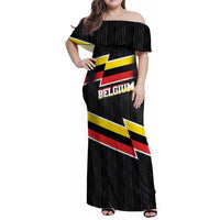 Belgium Family Matching Off Shoulder Maxi Dress and Hawaiian Shirt with Black Red Yellow Lightning Flag Stripe Spirit