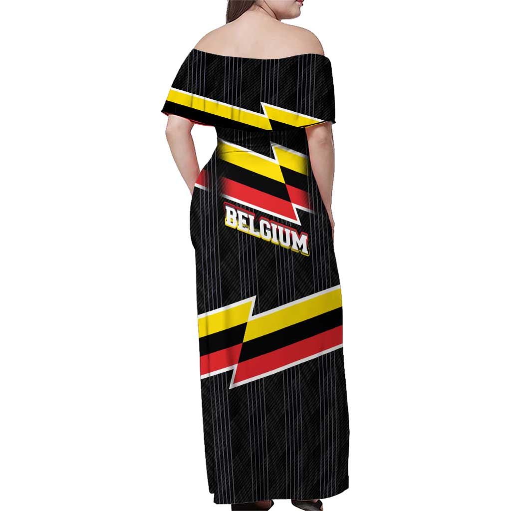 Belgium Family Matching Off Shoulder Maxi Dress and Hawaiian Shirt with Black Red Yellow Lightning Flag Stripe Spirit