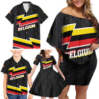 Belgium Family Matching Off Shoulder Short Dress and Hawaiian Shirt with Black Red Yellow Lightning Flag Stripe Spirit