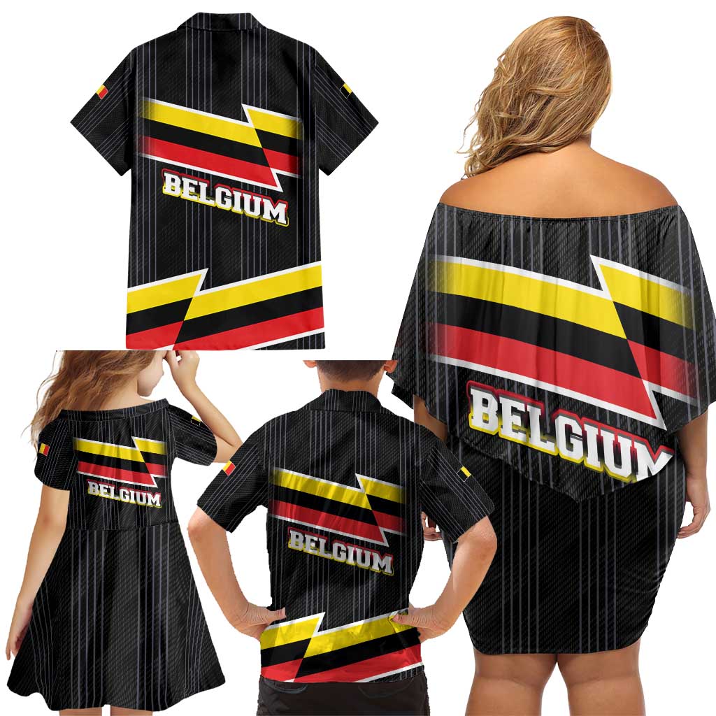 Belgium Family Matching Off Shoulder Short Dress and Hawaiian Shirt with Black Red Yellow Lightning Flag Stripe Spirit