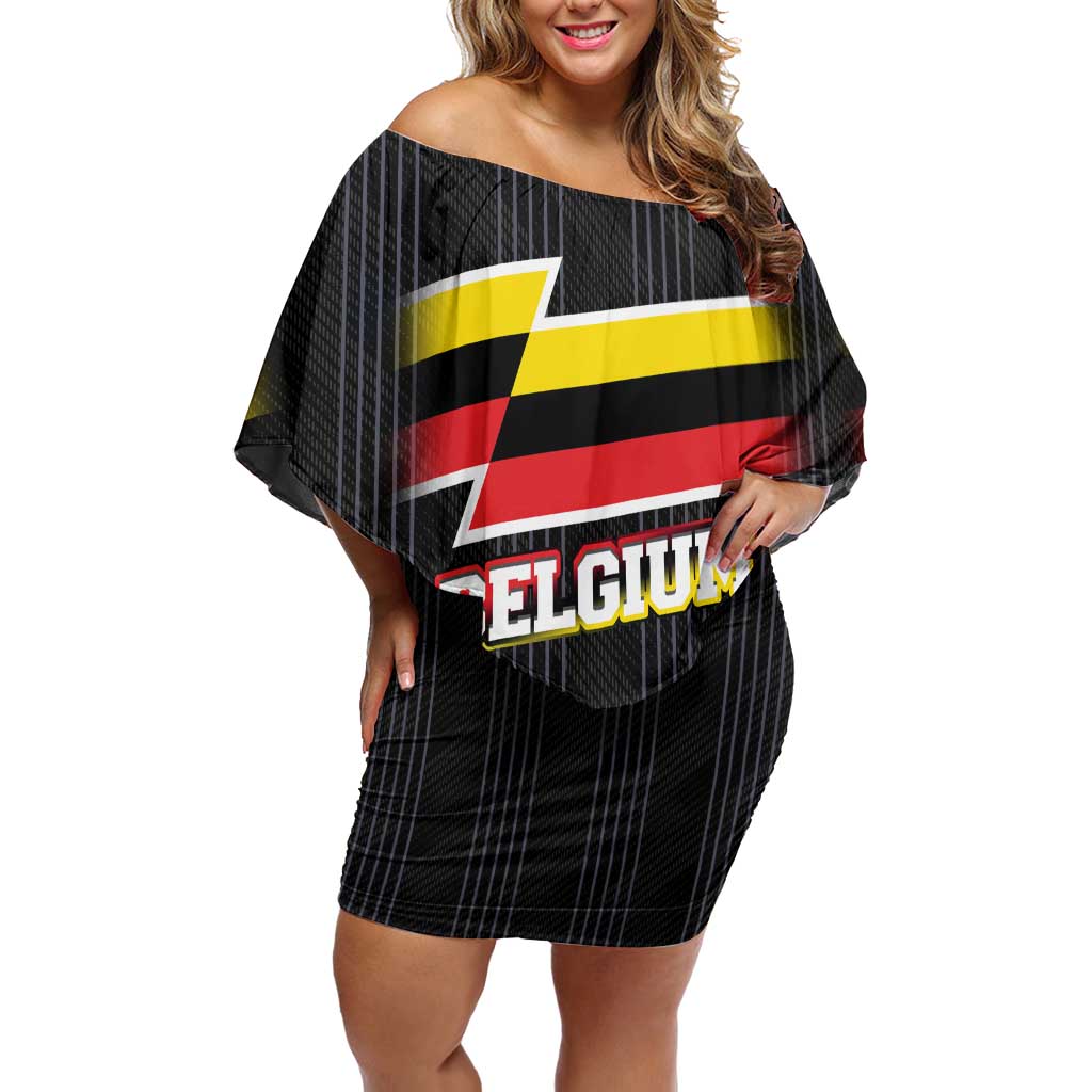 Belgium Family Matching Off Shoulder Short Dress and Hawaiian Shirt with Black Red Yellow Lightning Flag Stripe Spirit