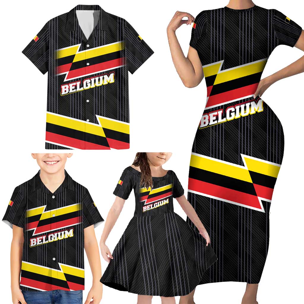 Belgium Family Matching Short Sleeve Bodycon Dress and Hawaiian Shirt with Black Red Yellow Lightning Flag Stripe Spirit