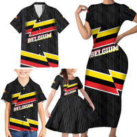 Belgium Family Matching Short Sleeve Bodycon Dress and Hawaiian Shirt with Black Red Yellow Lightning Flag Stripe Spirit