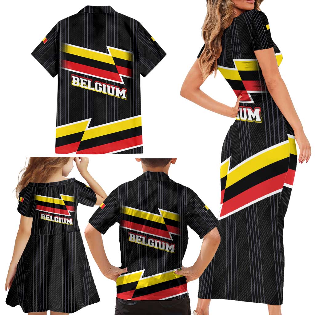 Belgium Family Matching Short Sleeve Bodycon Dress and Hawaiian Shirt with Black Red Yellow Lightning Flag Stripe Spirit