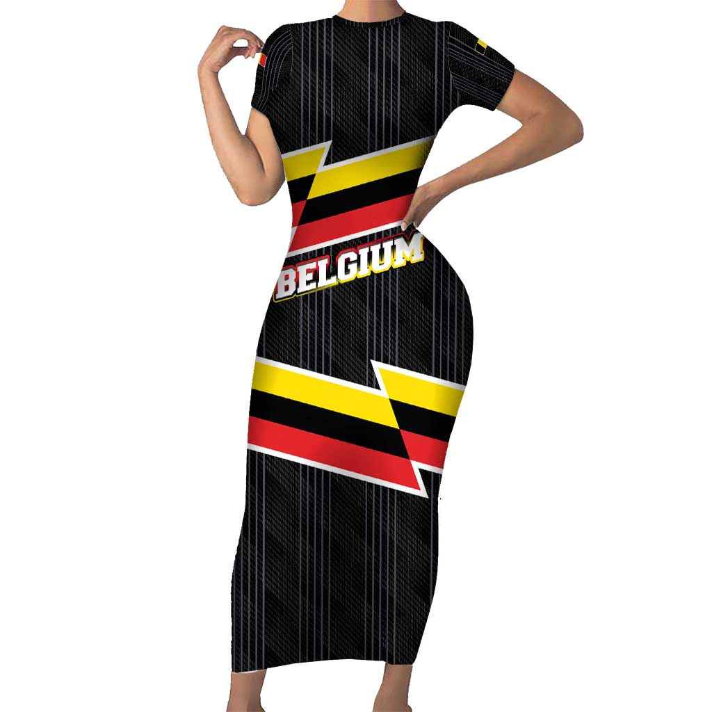Belgium Family Matching Short Sleeve Bodycon Dress and Hawaiian Shirt with Black Red Yellow Lightning Flag Stripe Spirit