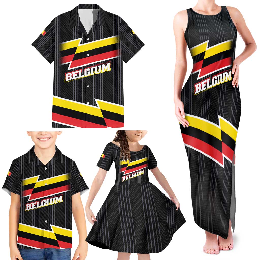 Belgium Family Matching Tank Maxi Dress and Hawaiian Shirt with Black Red Yellow Lightning Flag Stripe Spirit