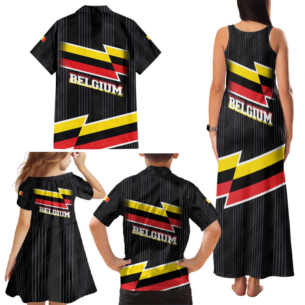 Belgium Family Matching Tank Maxi Dress and Hawaiian Shirt with Black Red Yellow Lightning Flag Stripe Spirit