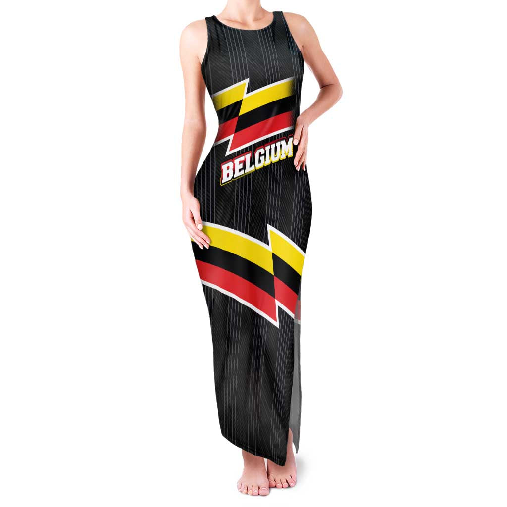 Belgium Family Matching Tank Maxi Dress and Hawaiian Shirt with Black Red Yellow Lightning Flag Stripe Spirit