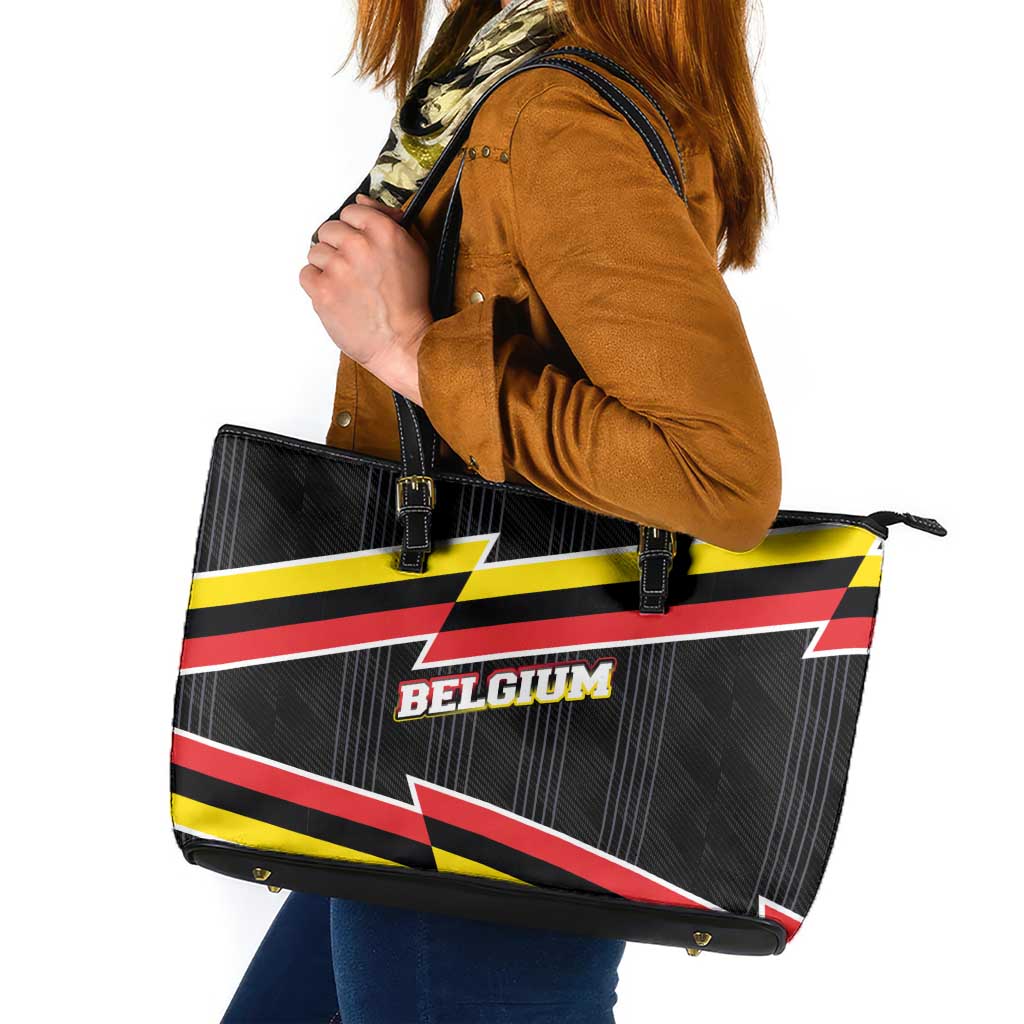 Belgium Leather Tote Bag with Black Red Yellow Lightning Flag Stripe Spirit
