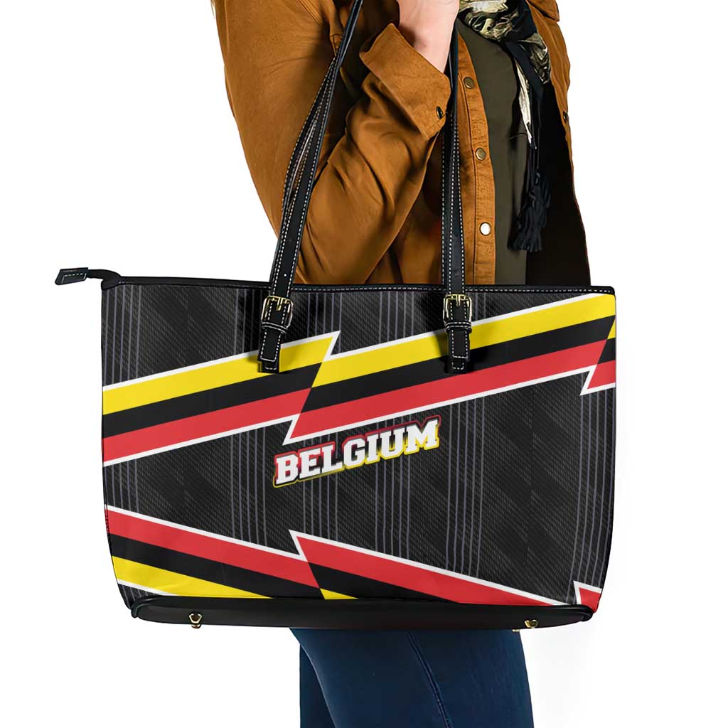 Belgium Leather Tote Bag with Black Red Yellow Lightning Flag Stripe Spirit