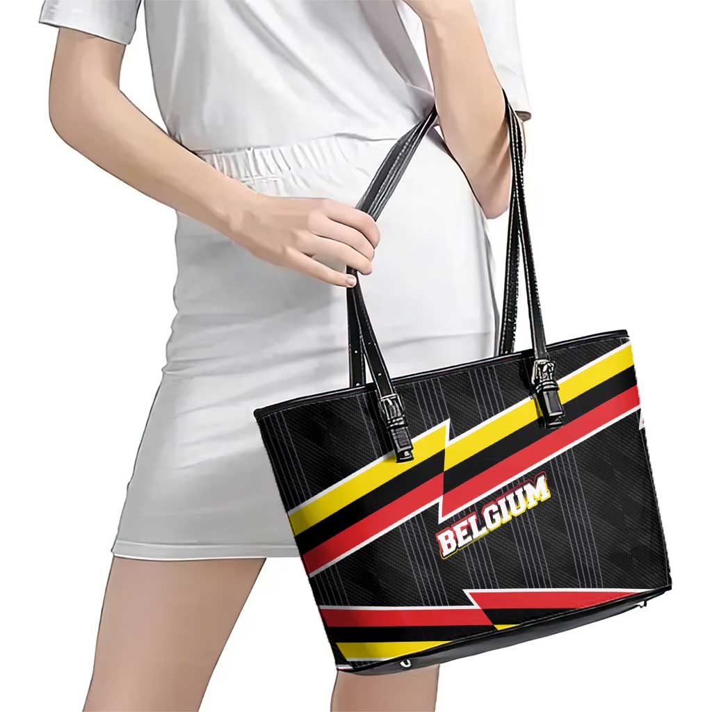 Belgium Leather Tote Bag with Black Red Yellow Lightning Flag Stripe Spirit