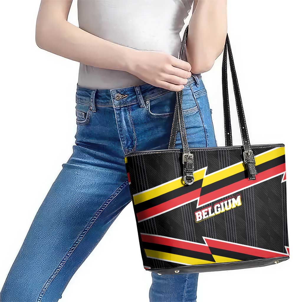 Belgium Leather Tote Bag with Black Red Yellow Lightning Flag Stripe Spirit