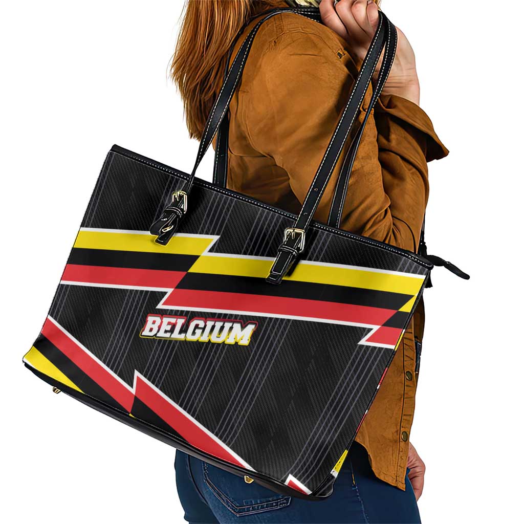 Belgium Leather Tote Bag with Black Red Yellow Lightning Flag Stripe Spirit