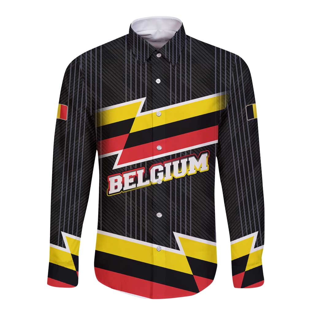 Belgium Long Sleeve Button Shirt with Black Red Yellow Lightning Flag Stripe Spirit