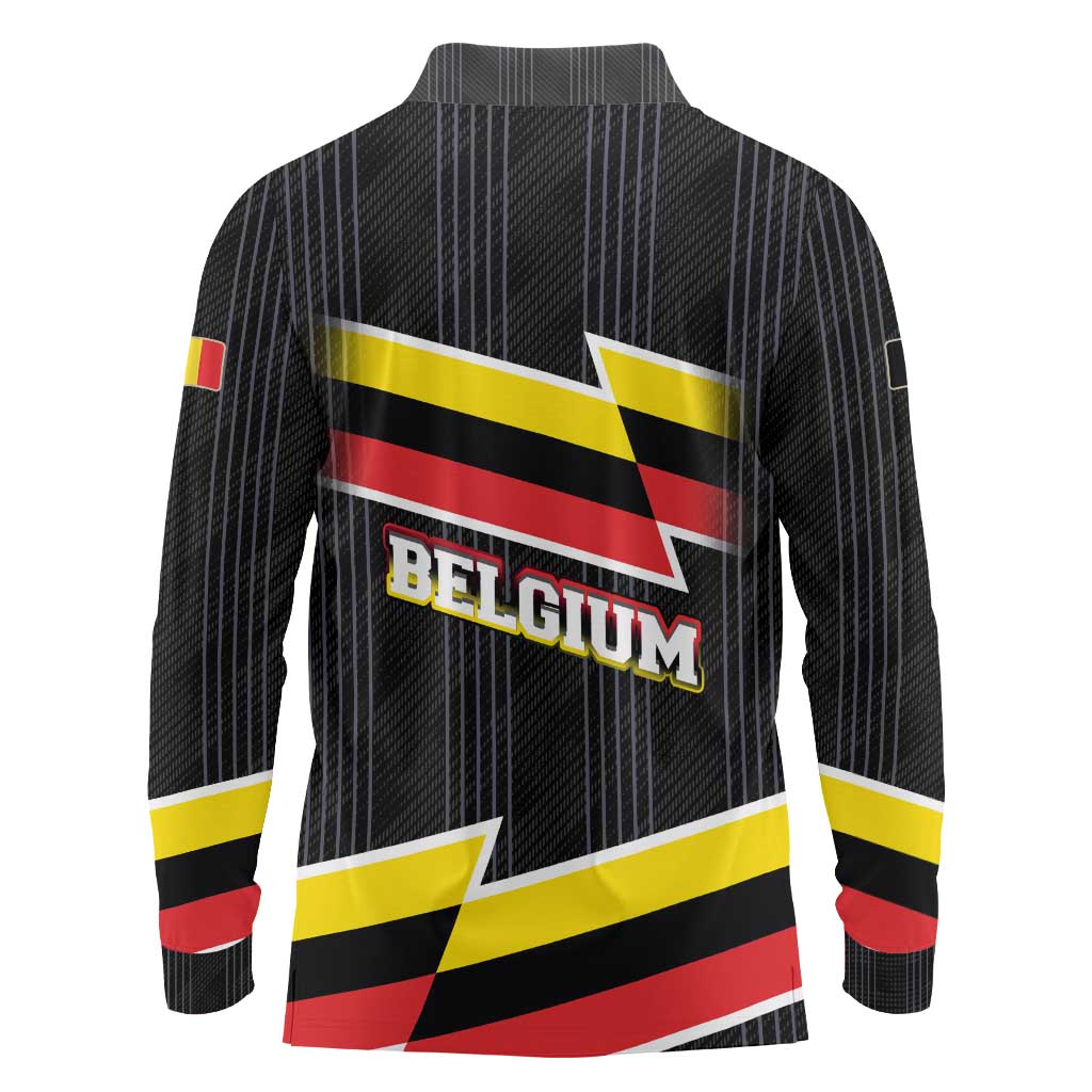 Belgium Long Sleeve Polo Shirt with Black Red Yellow Lightning Flag Stripe Spirit