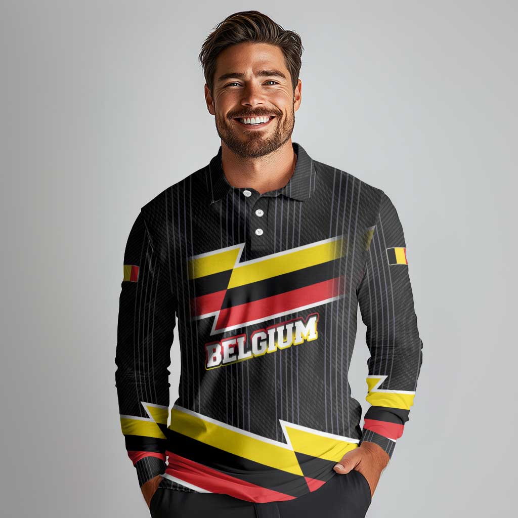 Belgium Long Sleeve Polo Shirt with Black Red Yellow Lightning Flag Stripe Spirit