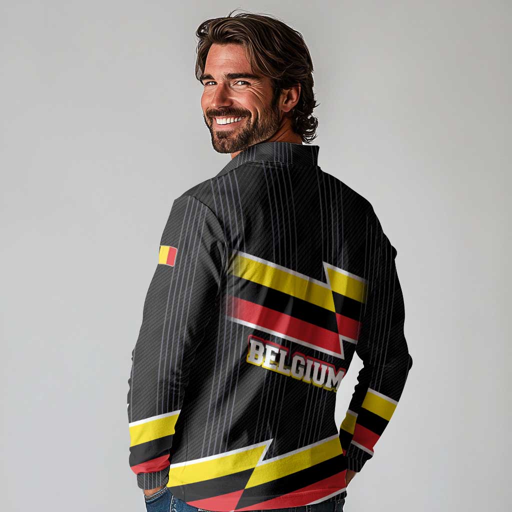 Belgium Long Sleeve Polo Shirt with Black Red Yellow Lightning Flag Stripe Spirit