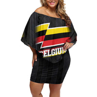 Belgium Off Shoulder Short Dress with Black Red Yellow Lightning Flag Stripe Spirit