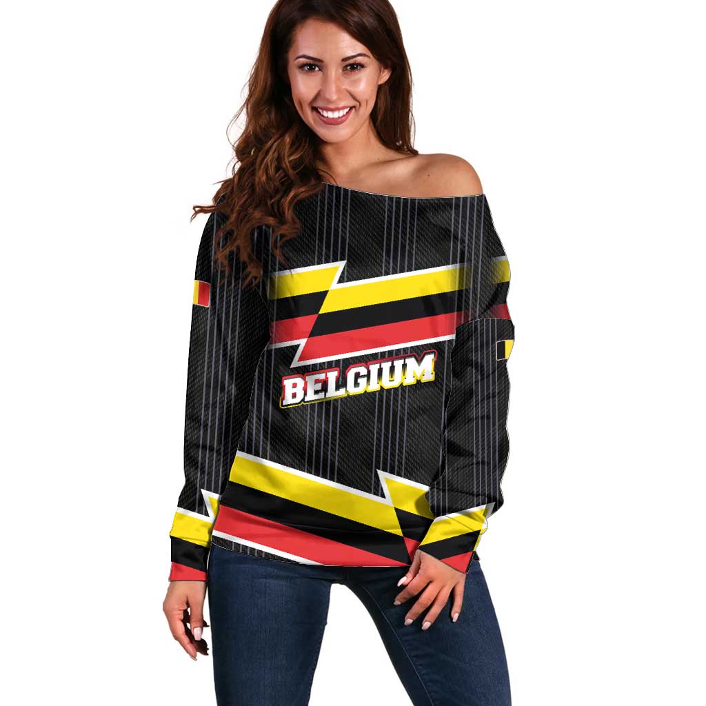 Belgium Off Shoulder Sweater with Black Red Yellow Lightning Flag Stripe Spirit