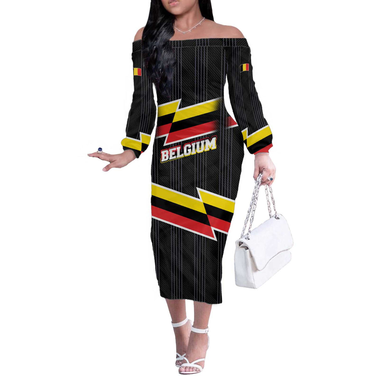 Belgium Off The Shoulder Long Sleeve Dress with Black Red Yellow Lightning Flag Stripe Spirit