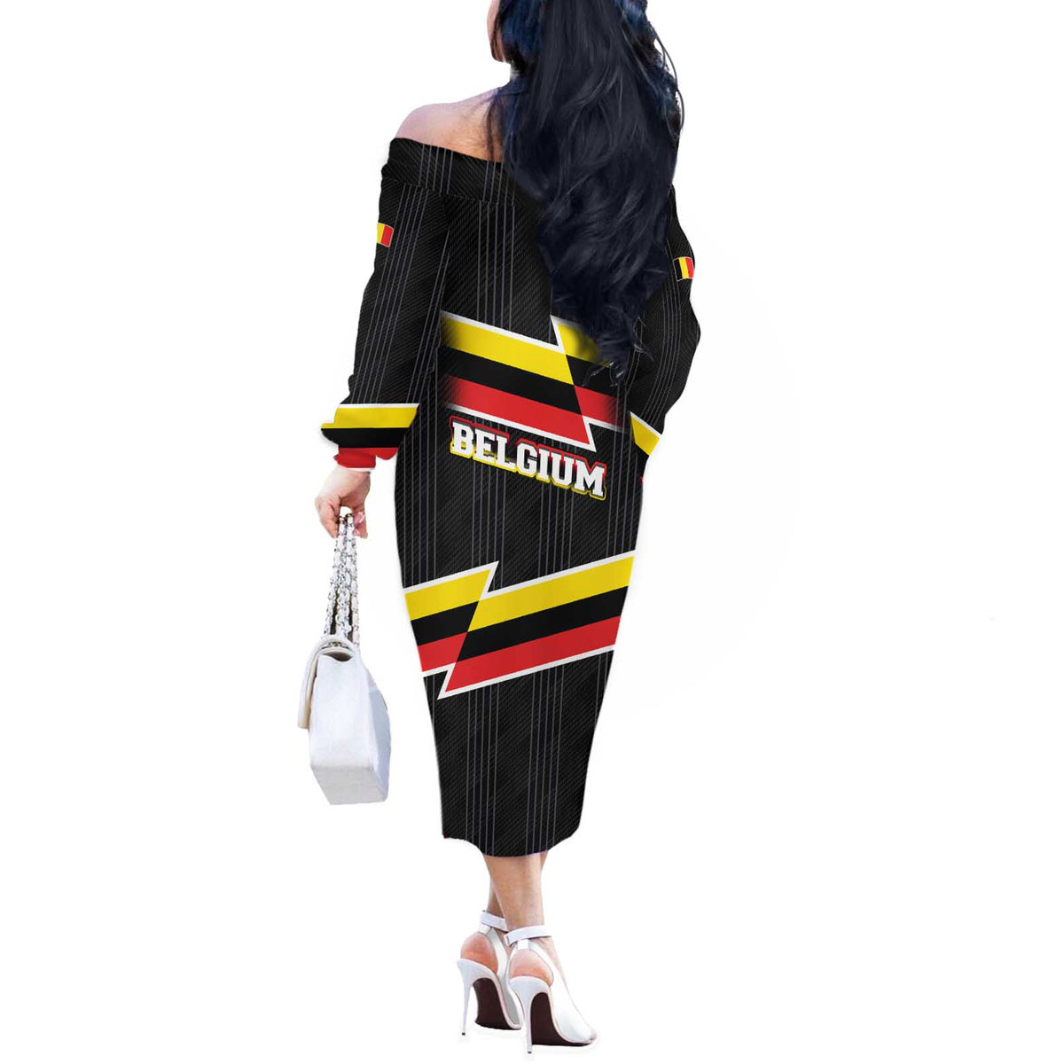 Belgium Off The Shoulder Long Sleeve Dress with Black Red Yellow Lightning Flag Stripe Spirit