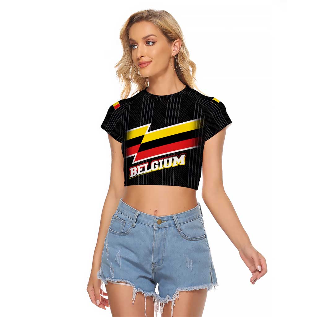 Belgium Raglan Cropped T Shirt with Black Red Yellow Lightning Flag Stripe Spirit