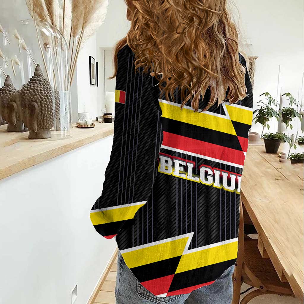 Belgium Women Casual Shirt with Black Red Yellow Lightning Flag Stripe Spirit