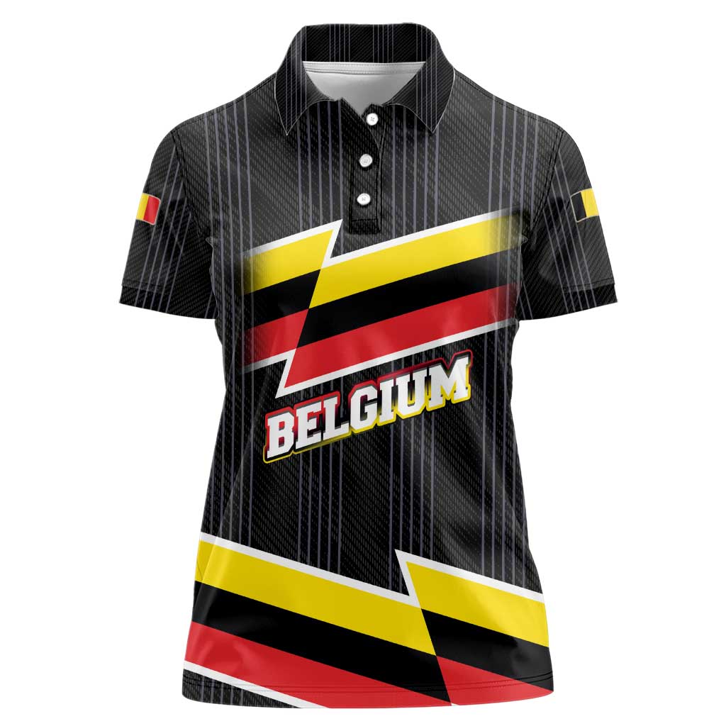 Belgium Women Polo Shirt with Black Red Yellow Lightning Flag Stripe Spirit